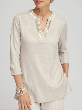 Chicos Linen Embellished Tunic Top with Beaded Neckline Size Large 2 Tan Beige